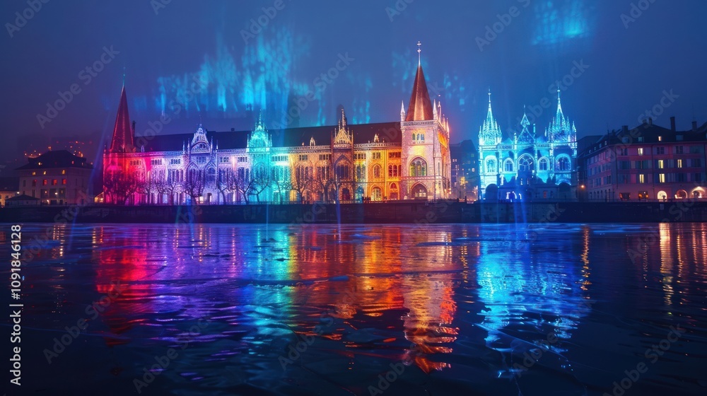 Obraz premium Colorful illuminated buildings reflected in water at night.