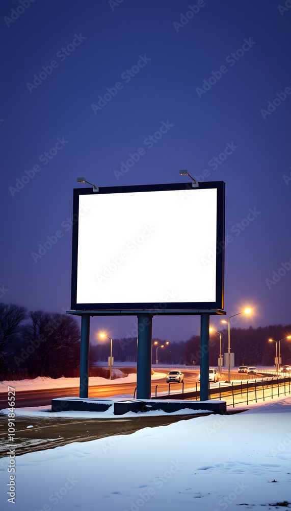 Fototapeta premium billboard screen winter MOCKUP with white field. at night near the road isolated with white highlights, png