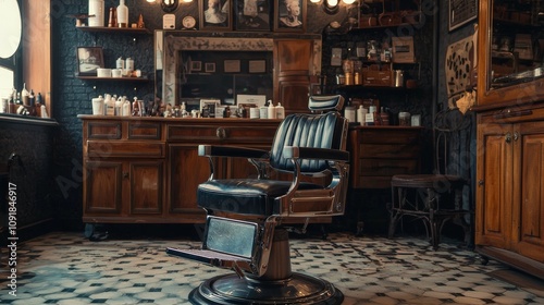 Vintage barber shop interior with leather chair and decor photo