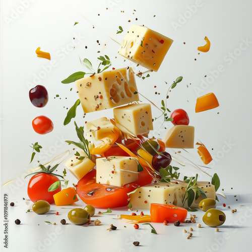 Flying cubes of delicious cheese with cherry tomatoes, green and black olives, fresh herbs and colorful bell pepper slices. Dynamic composition of cheese, tomatoes and olives flying in different direc photo