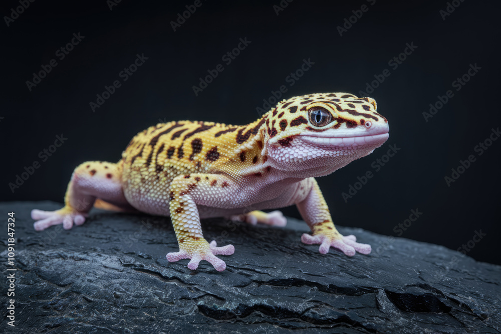 A small lizard with a black and yellow pattern on its back is standing on a rock. The lizard appears to be looking at the camera, possibly curious or alert, Black background A small lizard with a black and yellow pattern on its back is standing on a rock. The lizard appears to be looking at the camera, possibly curious or alert, Black background