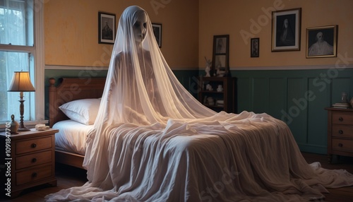 A haunting bedroom filled with jars containing ghostly hands, the bed veiled with shimmering ectoplasm, Generative AI photo