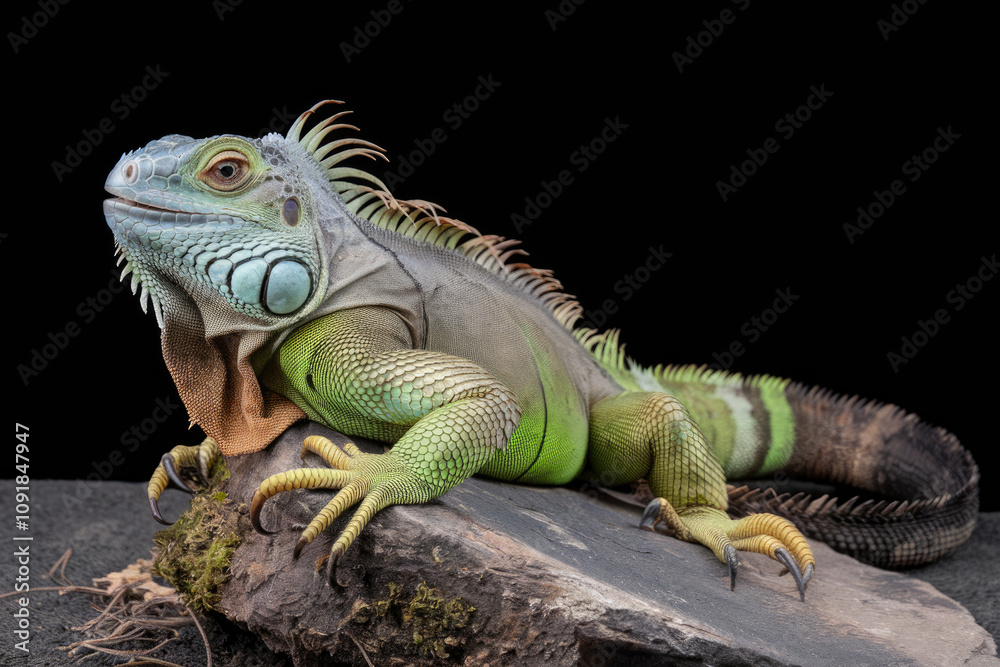 Fototapeta premium A green iguana is laying on a rock. The lizard is green and has a blue tongue. Black background