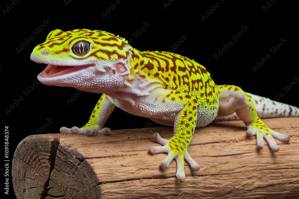 Obraz premium A yellow and black lizard is sitting on a log. The lizard has a mouth open, which suggests that it is either hungry or excited. Concept of curiosity and playfulness. Black background