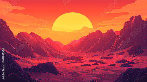 Sunset over martian landscape with rugged terrain and red-hued sky. Crimson Sunset Glow. Illustration photo