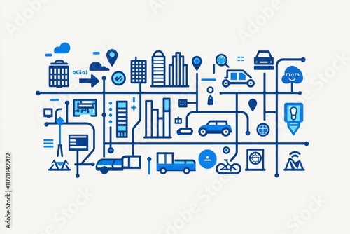 Connected world of technology and transportation in blue illustration