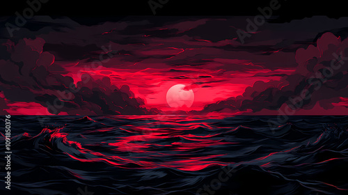 Crimson tide: blood-red sunset casting an eerie glow on the sea, tempestuous waves, dramatic clouds, ominous, vibrant crimson and black. Crimson Sunset Glow. Illustration