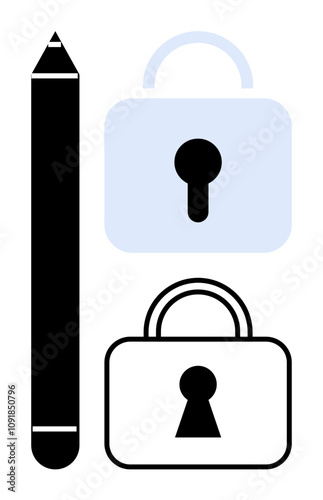 Pencil standing beside two padlocks, one black and one light blue. Ideal for themes thumbs up creativity, security, education, privacy, design, protection and intellectual property. Line metaphor