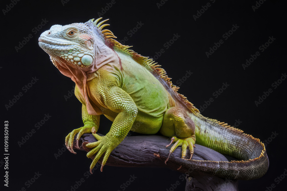 Fototapeta premium A green and white iguana is sitting on a branch. The iguana is smiling and he is happy. Black background
