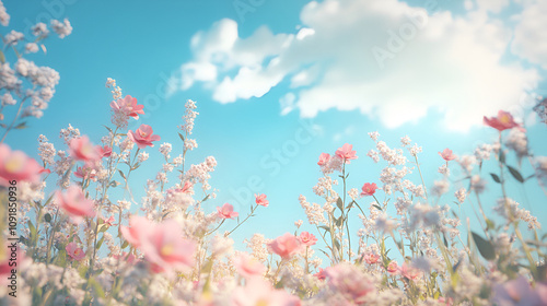 Colourful wild flowers blooming outside photographed against a clear blue sky. photo