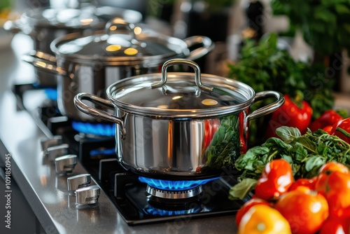 Stainless steel saucepans on a stove with fresh vegetables photo