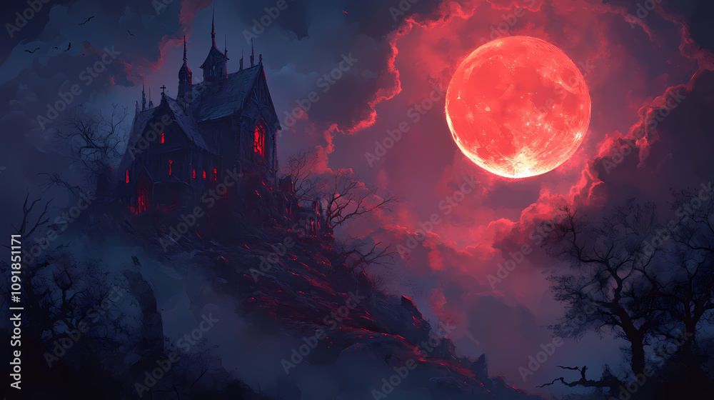 A blood-red moon casts an eerie glow over a mystical halloween scene, shrouded in clouds and darkness. perfect for horror or fantasy themes. Crimson Sunset Glow. Illustration A blood-red moon casts an eerie glow over a mystical halloween scene, shrouded in clouds and darkness. perfect for horror or fantasy themes. Crimson Sunset Glow. Illustration