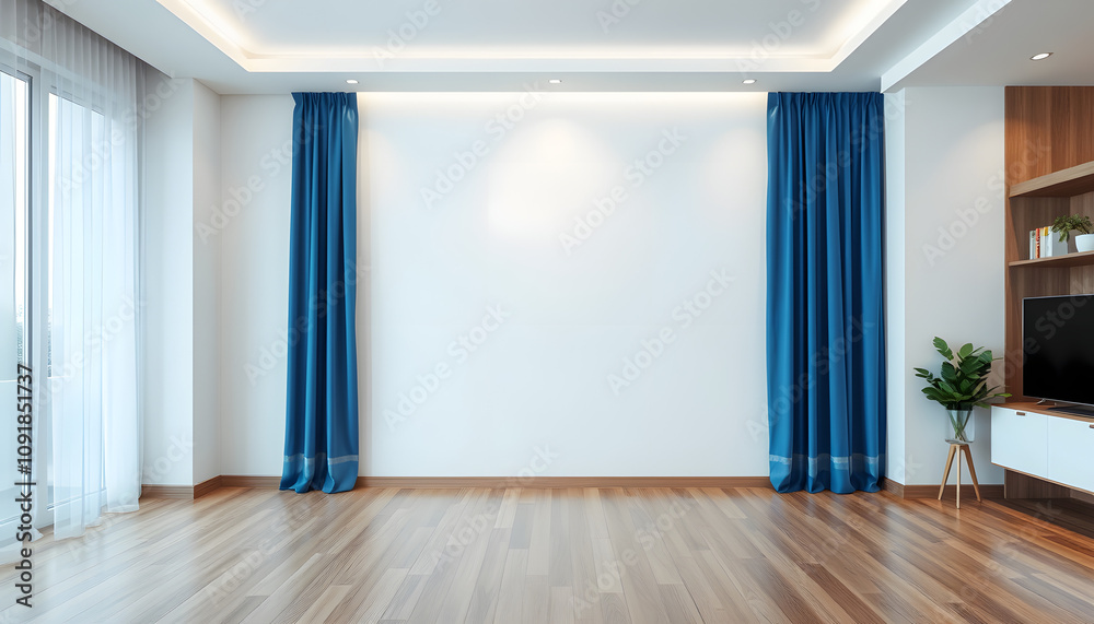 Obraz premium Blank white mock up wall in modern living room with wooden floor and blue curtain isolated with white highlights, png