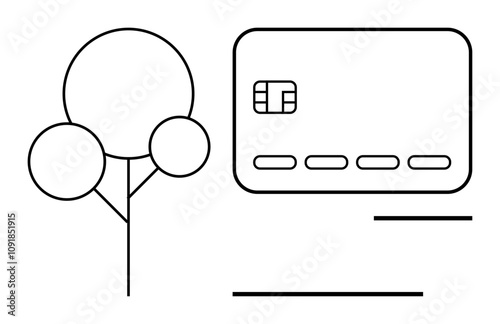 Credit card outline with tree illustration, lines indicating separation of elements. Ideal for financial services, banking, eco-friendly initiatives, digital payments, minimalistic designs