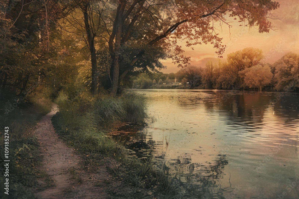 Fototapeta premium Peaceful riverside path lined with trees during sunset in a serene natural setting