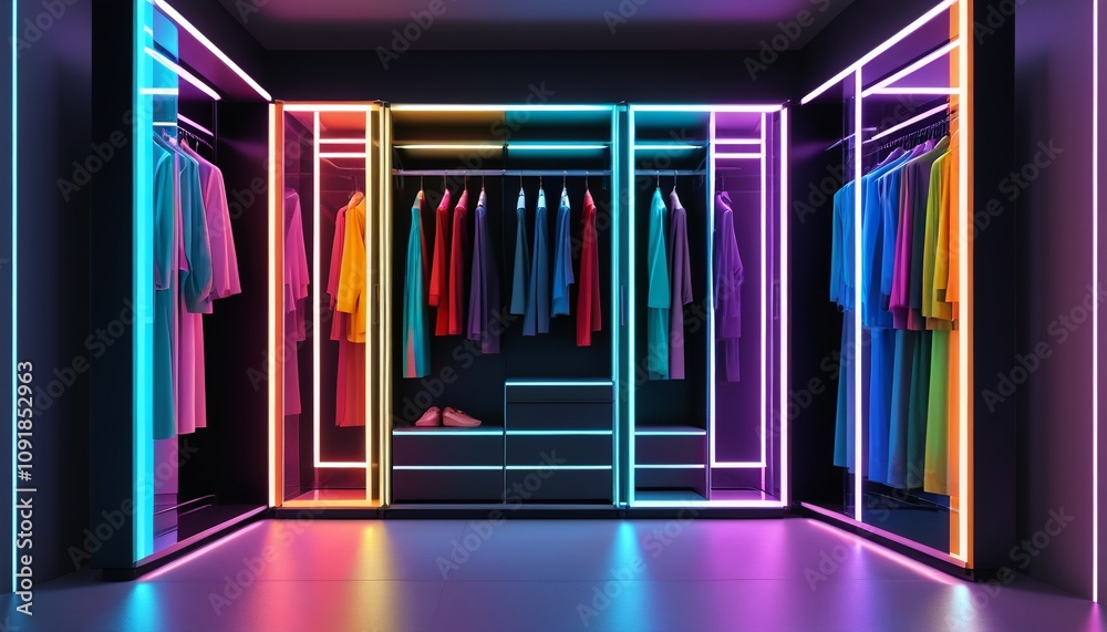 Obraz premium A futuristic wardrobe built from shifting holographic panels, reflecting every color of the spectrum, Generative AI