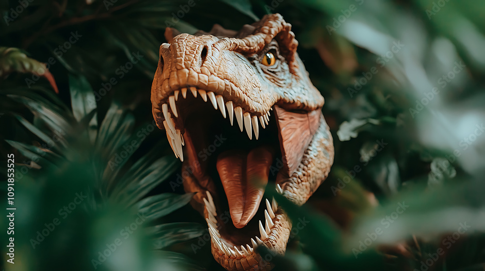 Obraz premium roaring dinosaur head emerging from lush greenery, showcasing its fierce teeth and detailed texture, evokes sense of prehistoric power and majesty