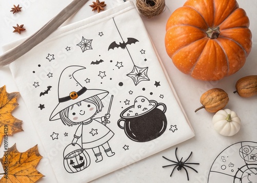 Enchanting Kawaii Witch Halloween Pattern Doodle Line Art on White Background Featuring Cute Bats, Stars, Cauldrons, and Witches for a Whimsical Seasonal Decor Theme photo