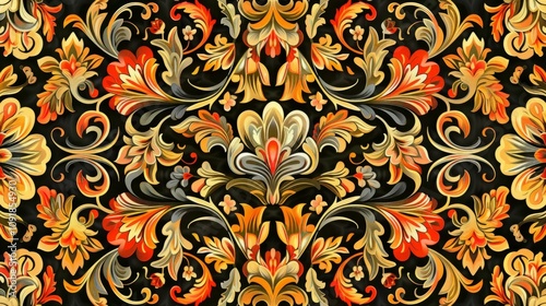  Ornate floral pattern with vibrant colors in traditional Palekh style creates elegant decorative background photo