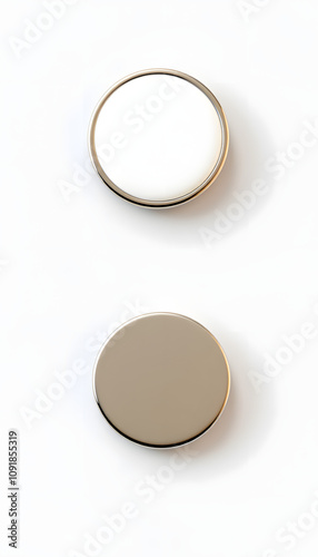 Blank white round silver lapel badge mockup, front and back side view, 3d rendering. Empty hard enamel pin mock up. Metal clasp-pin design template. Expensive curcular brooch for logo presentation i photo