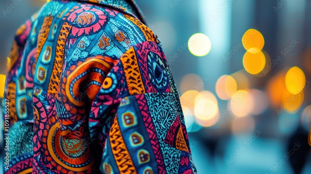 Obraz premium Vibrant urban street fashion closeup of a modern colorful jacket city center fashion photography street environment artistic viewpoint