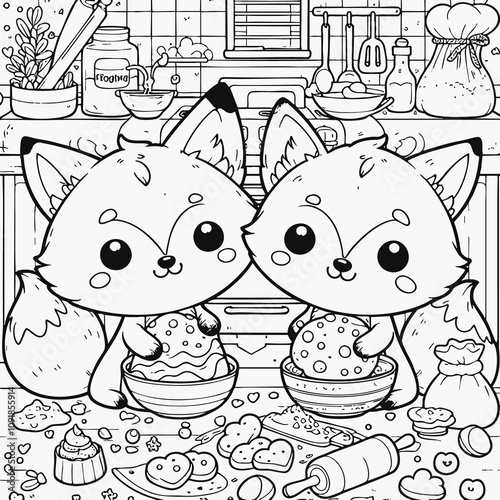 Foxes making food together colouring page