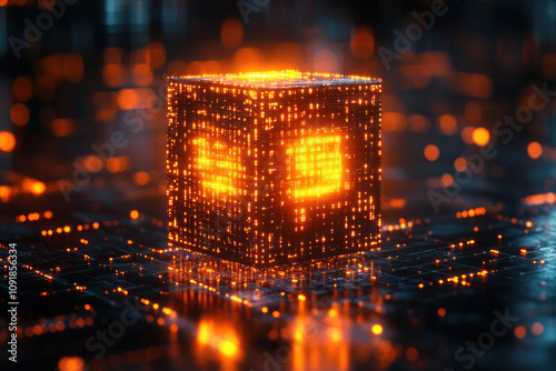 a glowing digital cube with a bright orange glow, reminiscent of a futuristic technological object.  photo