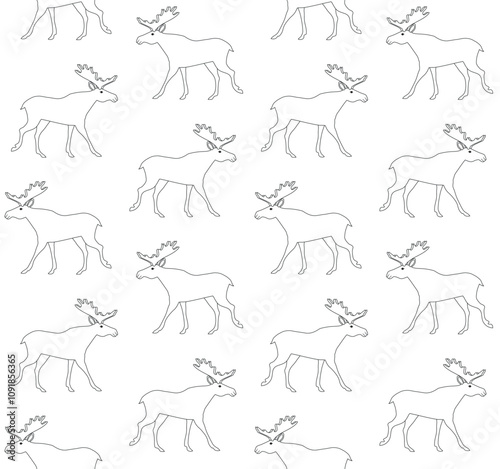 Vector seamless pattern of flat hand drawn outline moose isolated on white background