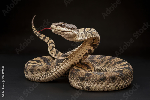 Wallpaper Mural A snake is curled up on a black background. The snake is brown and black with a red tongue. Black background Torontodigital.ca