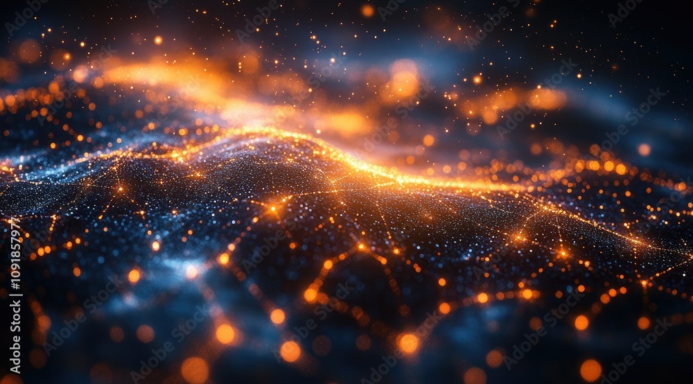 Obraz premium Abstract glowing particles forming a wave-like landscape with orange and blue hues.