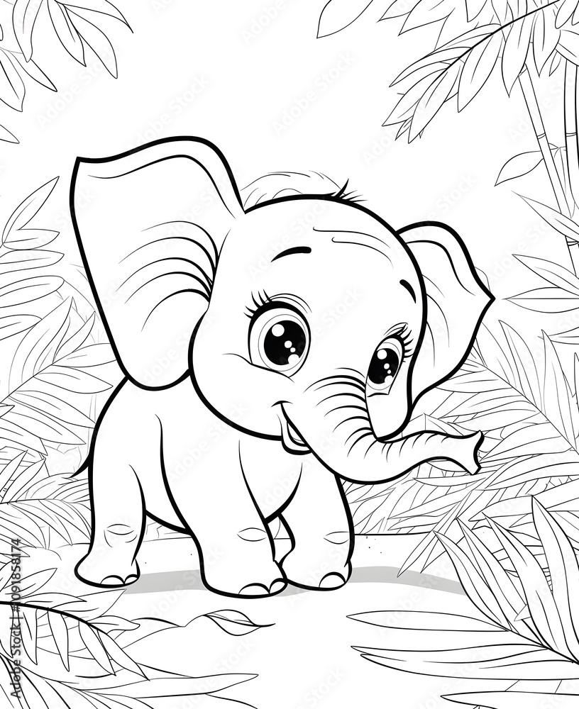 Obraz premium Adorable Elephant Coloring Page for Kids in Jungle Setting