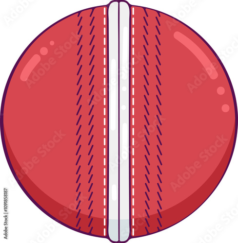 Red cricket ball with leather string front view. Vector illustration in hand drawn style. Close-up sports equipment isolated on white.