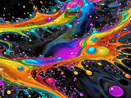 fond d'écran représentant une peinture abstraite colorée avec un fond noir, des gouttes liquides fluides et visqueuses. photo