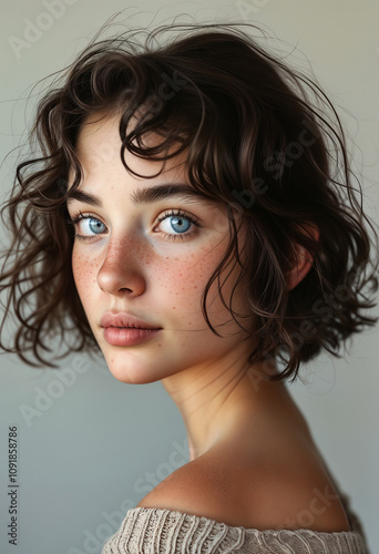 young beautiful brunette girl with curly hail and blue eye studio portrait