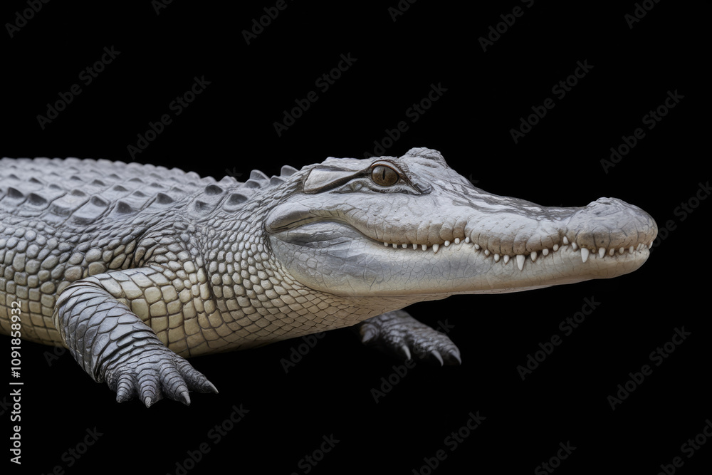 Obraz premium A large alligator is shown in a black and white photo. The alligator is standing on its hind legs and he is looking at the camera. The photo has a moody and mysterious feel to it