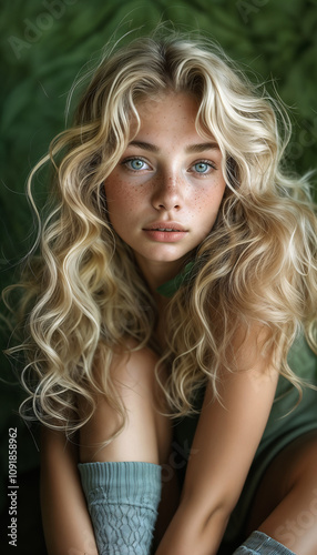 young beautiful simple village girl with blonde curly long hair