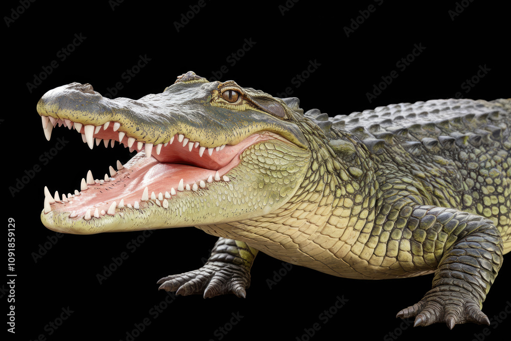 Fototapeta premium A crocodile with its mouth open, showing its teeth. The image has a dark background, which makes the crocodile stand out. The crocodile appears to be in a relaxed and comfortable position