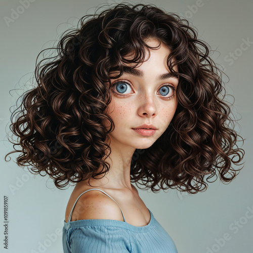 young beautiful brunette girl with curly hail and blue eye studio portrait