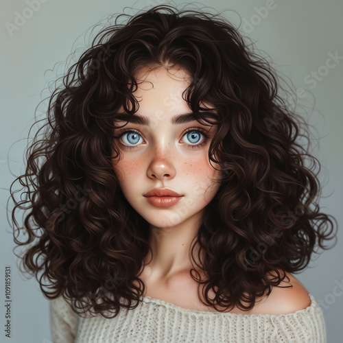 young beautiful brunette girl with curly hail and blue eye studio portrait