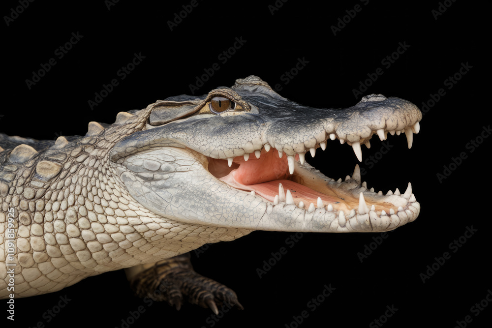 Fototapeta premium A crocodile's mouth is open, revealing its sharp teeth. Concept of danger and power, as the crocodile is a formidable predator. Black background