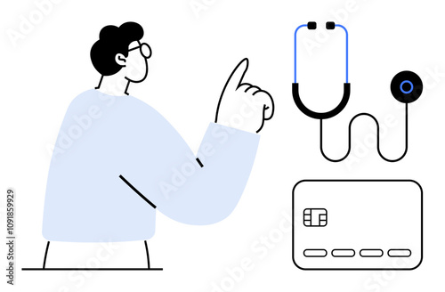 Healthcare professional gesturing toward stethoscope and credit card. Ideal for telemedicine, health insurance, financial planning, medical services, healthcare technology, payment solutions