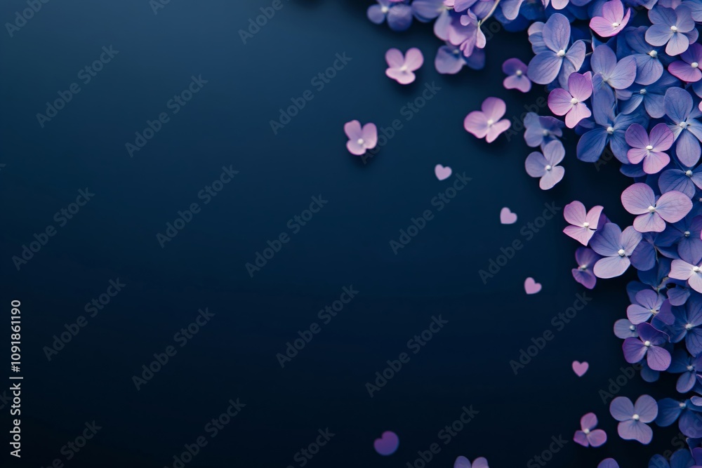 Fototapeta premium Frame made of purple and violet flowers on dark blue background with copy space. Greeting card for Women's Day, Mother's Day, Valentine's Day, wedding, birthday party. Color of 2025 year. Top view