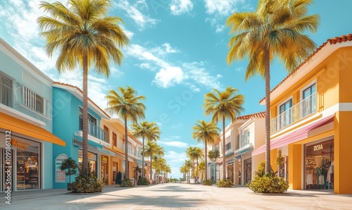 Outdoor shopping center with palm trees, shops, and a sunny ambiance, creating a warm, inviting retail environment for visitors.