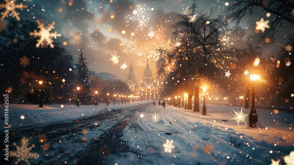 Snowy winter scene with glowing lights and falling snowflakes. Snowy winter scene with glowing lights and falling snowflakes.