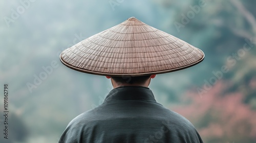 Asian straw cone-shaped hat on a man on the background of nature. View from the back.