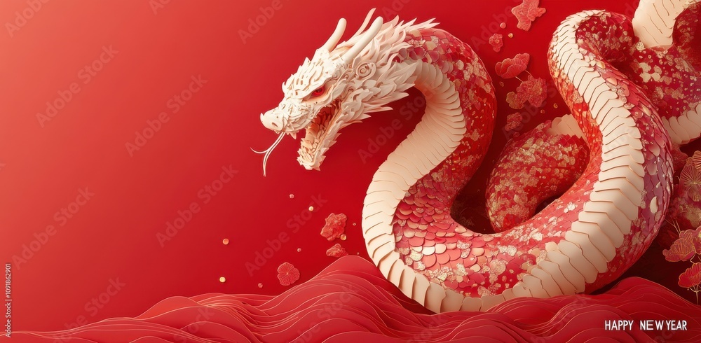 Fototapeta premium Golden dragon sculpture celebrating the year of the snake in a stunning red backdrop for the lunar new year holiday.