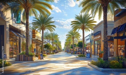 Outdoor shopping center with palm trees, shops, and a sunny ambiance, creating a warm, inviting retail environment for visitors.