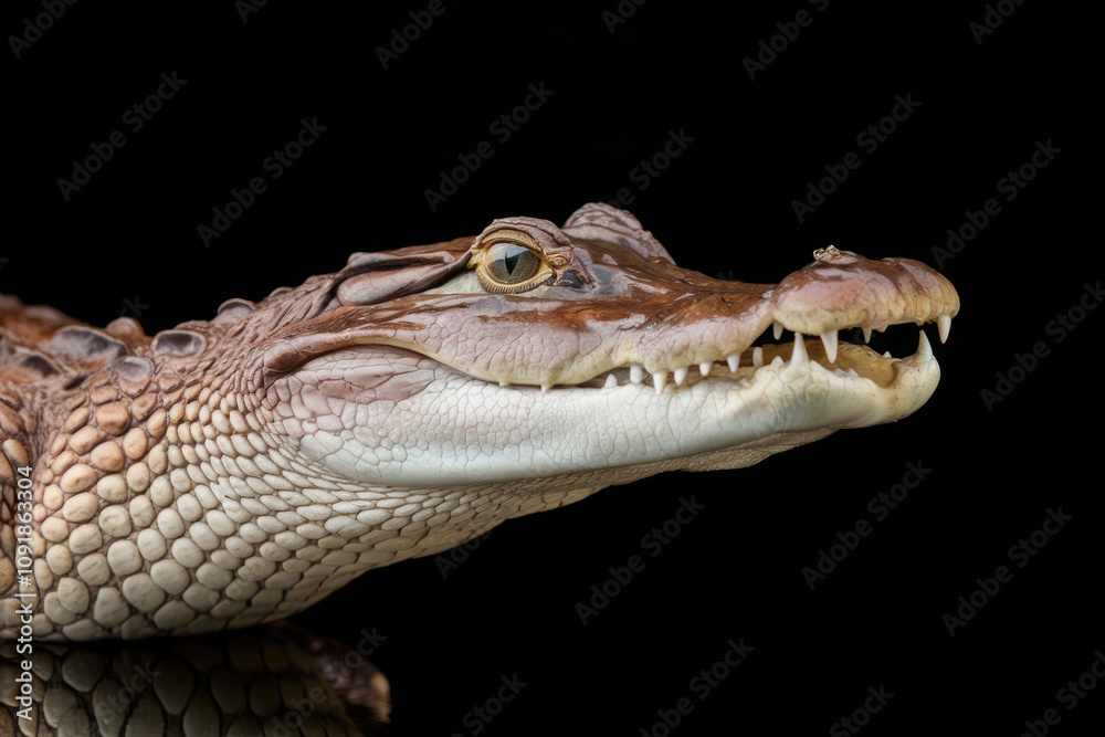 Fototapeta premium A close up of a crocodile's face with its mouth open. Concept of curiosity and intrigue, as the viewer is drawn to the crocodile's unique features and the way it is looking at the camera