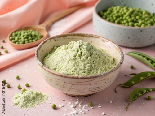 Gluten Free Pea Flour in a Ceramic Bowl Against a Soft Pink Background Perfect for Healthy Cooking and Baking Inspiration, Showcasing Natural Ingredients for Dietary Needs photo