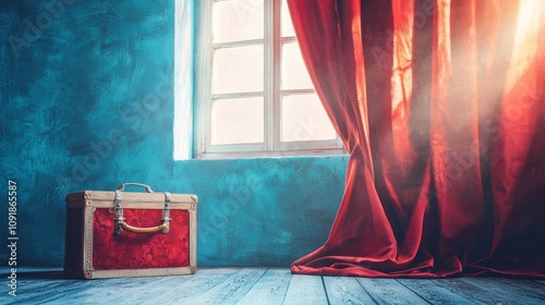 Vintage suitcase and red curtains in a sunlit room photo